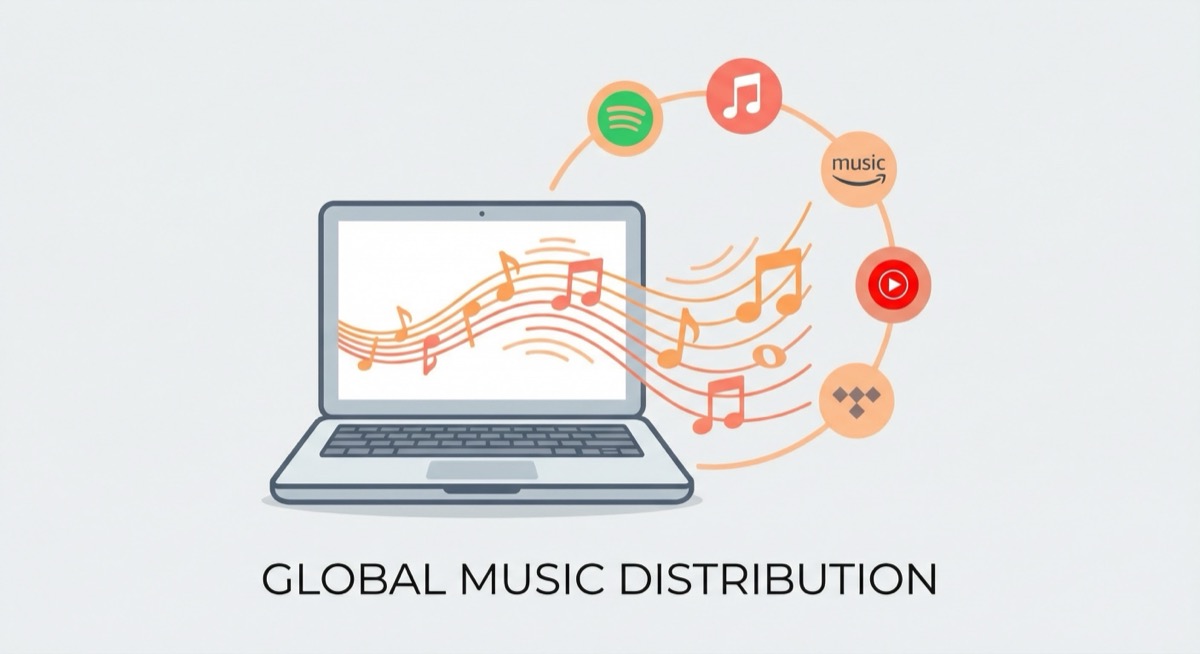 Independent artist uploading music to streaming platforms on a laptop