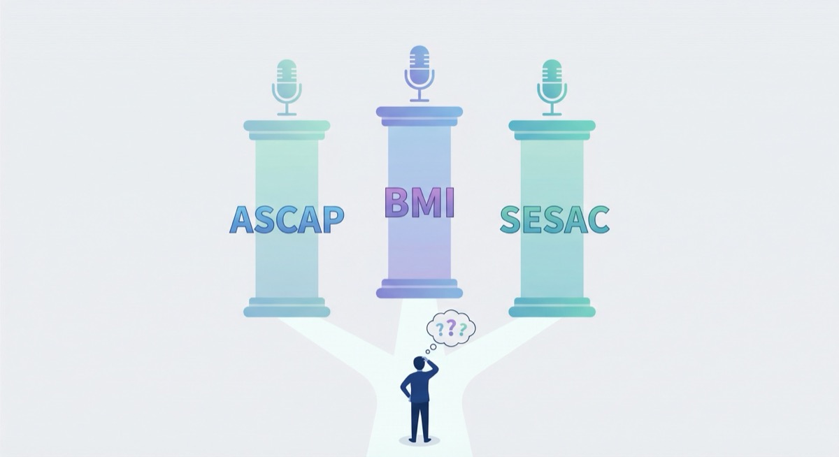 A person choosing between three performing rights organizations: ASCAP, BMI, and SESAC