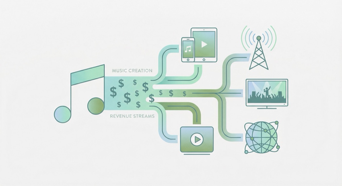 Music creation flowing through revenue streams - streaming, radio, TV, and global distribution Music creation flowing through revenue streams - streaming, radio, TV, and global distribution