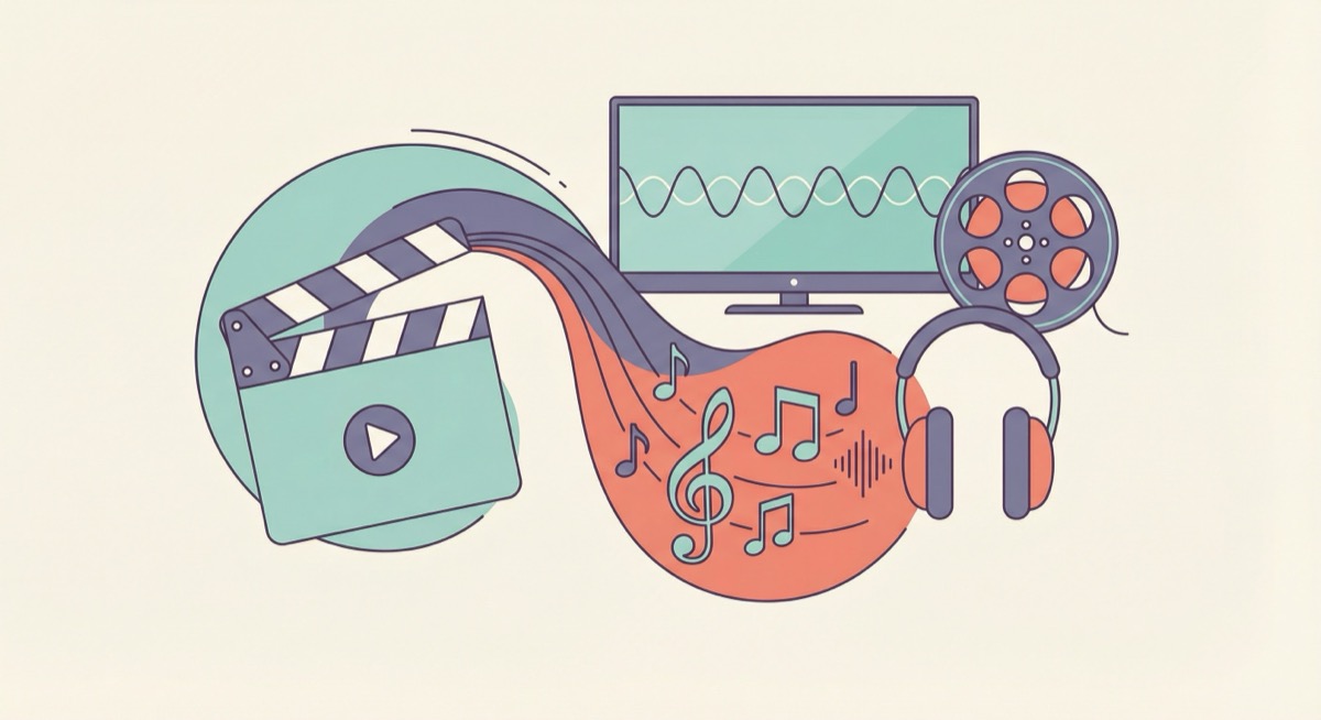 Film clapperboard and musical notes merging together, representing sync licensing Film clapperboard and musical notes merging together, representing sync licensing